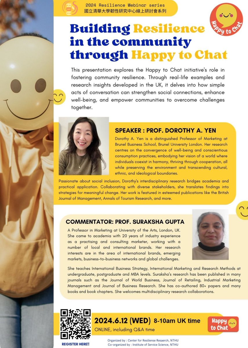 Join us to learn more about the #happytoChat initiative, specifically:
* How you can adopt this approach for your own #community
* Case 1: #Uxbridge city (A geographically defined community with a #diverse population)
* Case 2: #Brunel University (A community of education)