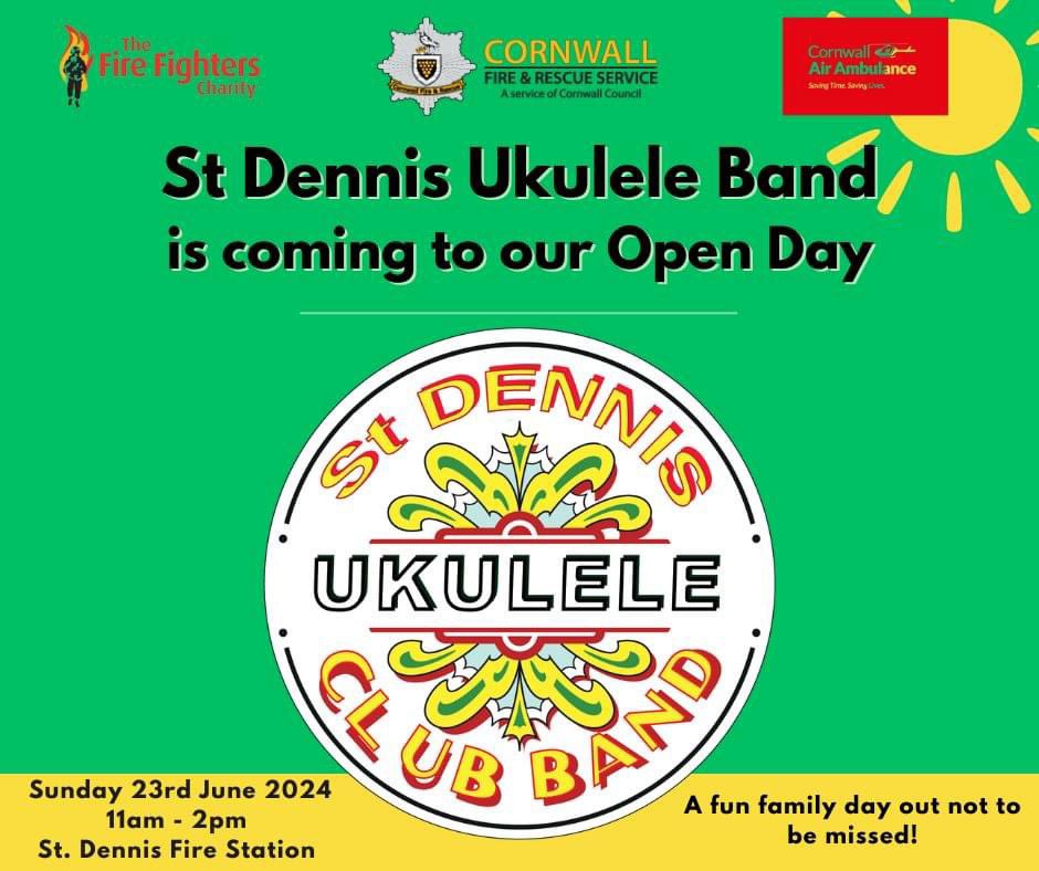 We are proud to announce that St Dennis Ukulele Band are performing at our Open Day!🥳

A fun family day out not to be missed! Food, games, lots of prizes to be won, demonstrations, have a look around the fire station and engine &amp; great music.

<a href="/firefighters999/">Fire Fighters Charity</a> <a href="/cornwallairamb/">Cornwall Air Ambulance</a> 🚁