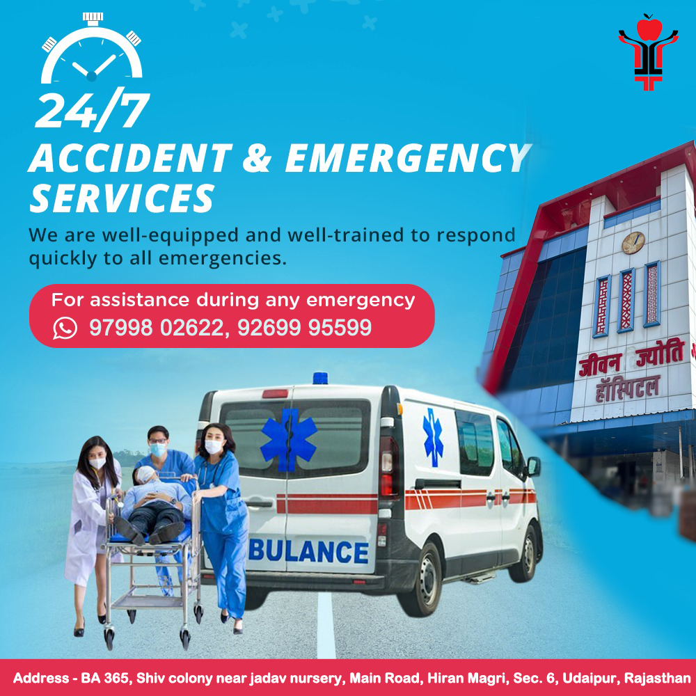 JJHospitalUDR's tweet photo. At the Jeevan Jyoti Hospital Accidents and Emergency Department is open 24x7.
Our hospital is well-equipped to handle any medical or surgical emergency.
Call/WhatsApp: 9799802622, 9269995599
#jeevanjyotihospital #jeevanjyotihospitaludaipur #Emergency #Accidents #HeartAttack https://t.co/GdP3ACwpWf