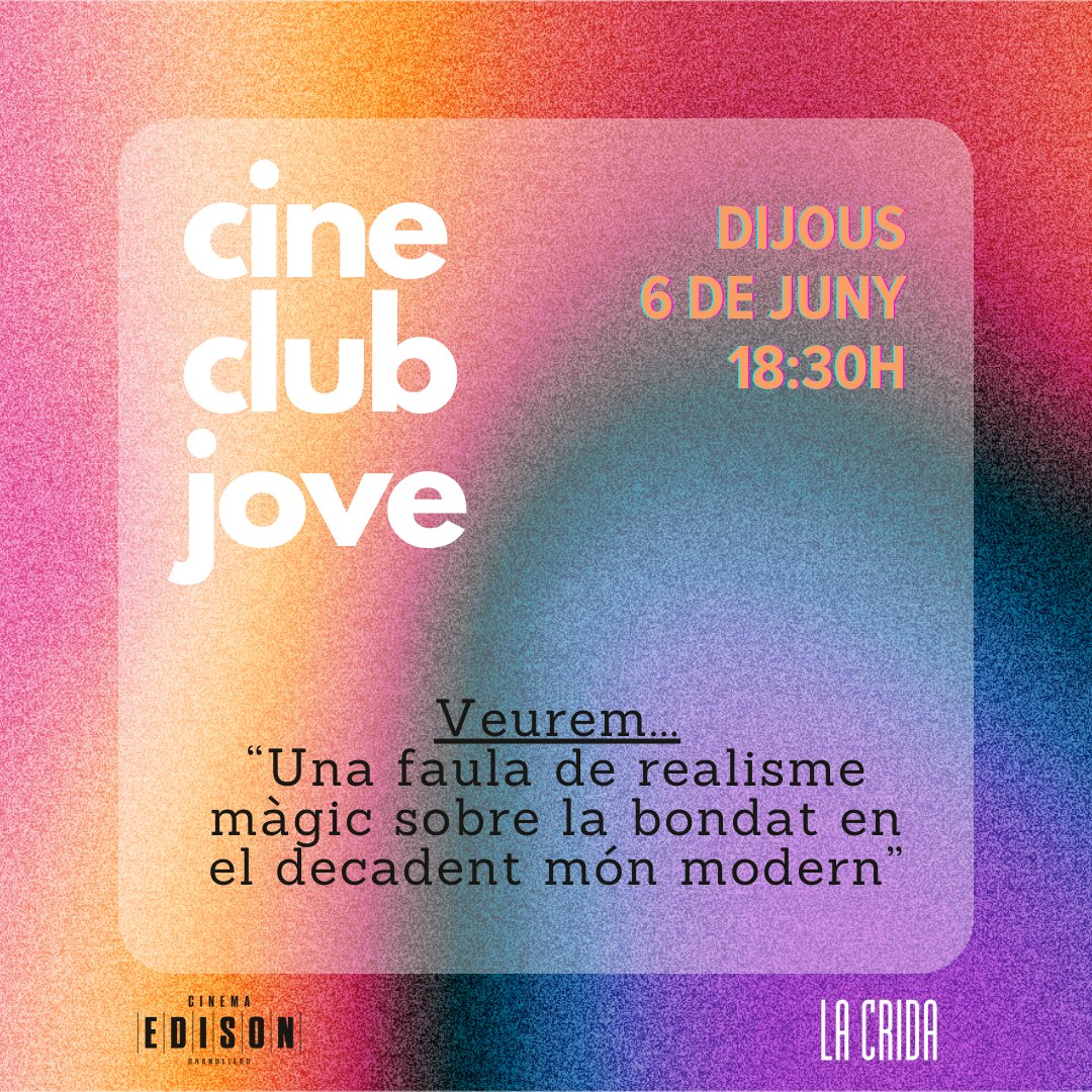edisoncinema's tweet photo. Nova sessió #CineClubJove 💛
🗓 Dijous 6 de juny
⏰ 18:30h
🎬 Pel·lícula sorpresa!
"Una faula de realisme màgic sobre la bondat en el decadent món modern."
🤔 Vols provar d'endevinar quina pel·lícula pot ser? Deixa-ho a comentaris!
#CineclubJove #Cinema #CinemaEdison #Jove https://t.co/5RW6ssLXLr