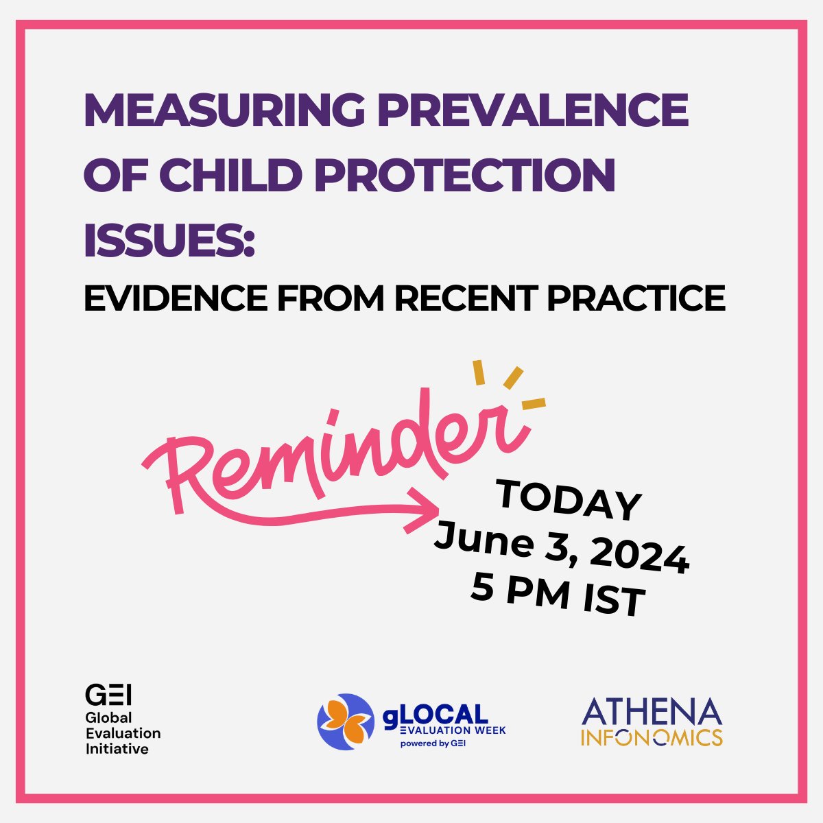 Don't forget to tune in today at 5 PM IST.
If you've still not registered but would like to attend, click on this link to join the webinar!

Zoom Link: us02web.zoom.us/j/87661947643?…
Meeting ID: 876 6194 7643
Passcode: 764748

#GLOCAL2024 #Evaluation #Monitoring #MEL #ChildProtection