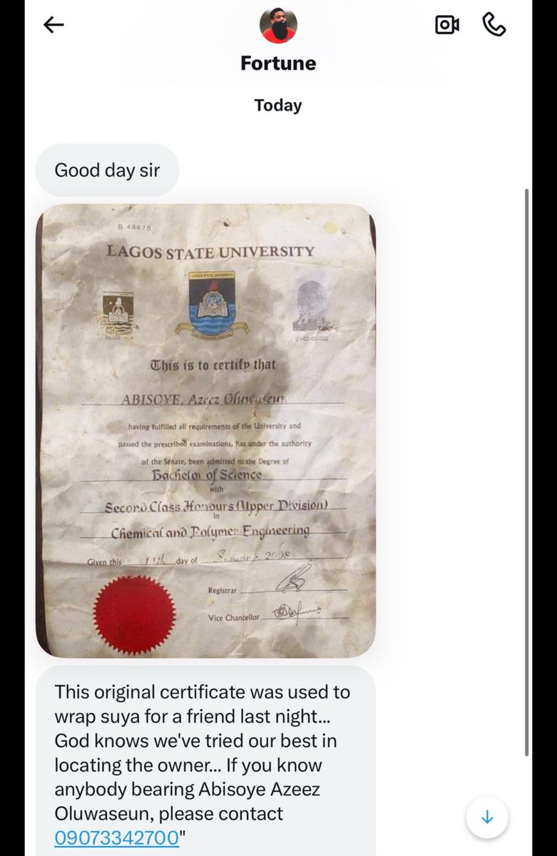 This original Lagos state university certificate was used to wrap suya for someone last night

Please lets find the owner.