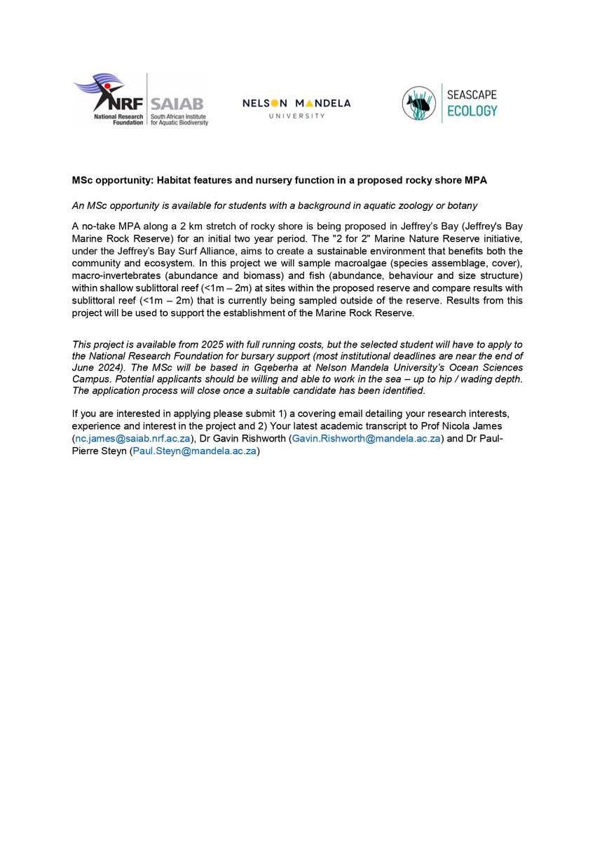 NRF_SAIAB's tweet photo. An MSc opportunity is available for students with a background in aquatic zoology or botany.

Read more: https://t.co/eMTil6XE9f https://t.co/oEECBcbgl9