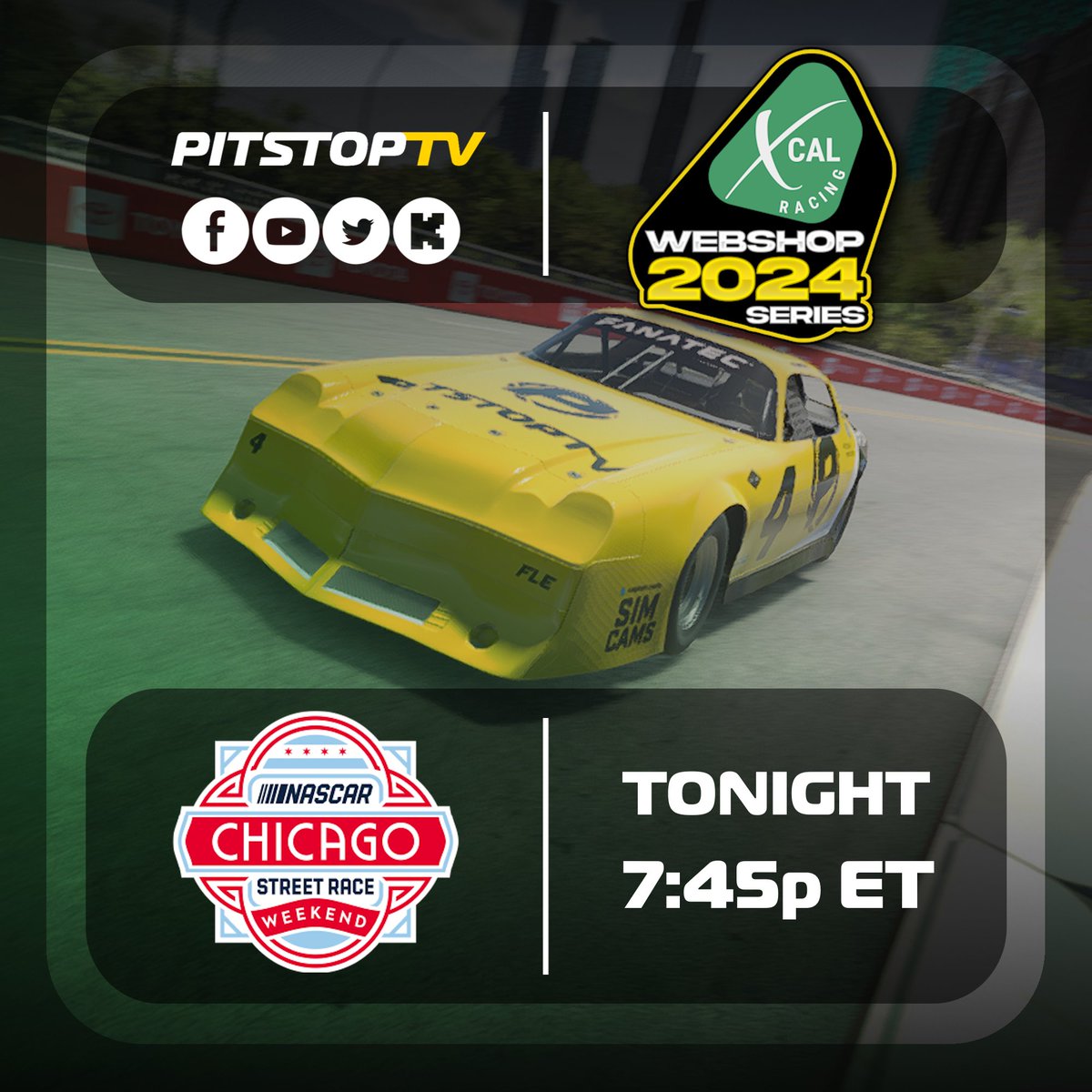 PitStopTV_'s tweet photo. TONIGHT: A new series! We pick up with XCAL at race 16 in 2024, going to the streets of Chicago... with street stocks!
📍: Chicago Street Course
⏰: 7:45p ET
📺: https://t.co/CUXqA45Rc0
#iRacing | #PitStopTV | #SimRacing | #XCAL https://t.co/sah76ed9gB