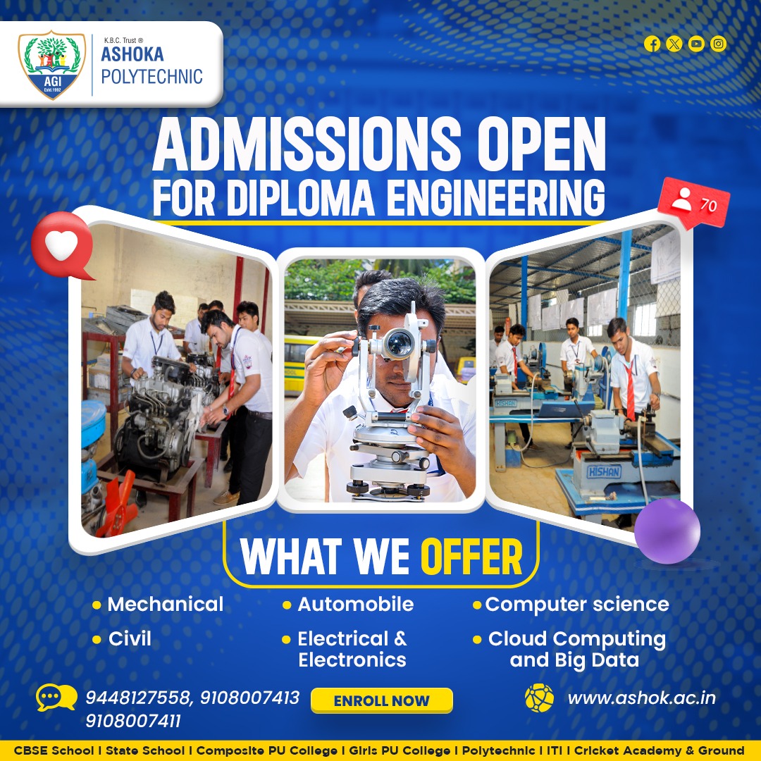 ashok_goi's tweet image. Enroll now at Ashok Polytechnic for a variety of Diploma Engineering courses including Mechanical, Civil, Automobile, Electrical &amp;amp; Electronics, Computer Science, Cloud Computing, and Big Data.

ashok.ac.in

#AshokPolytechnic #DiplomaEngineering #AdmissionsOpen