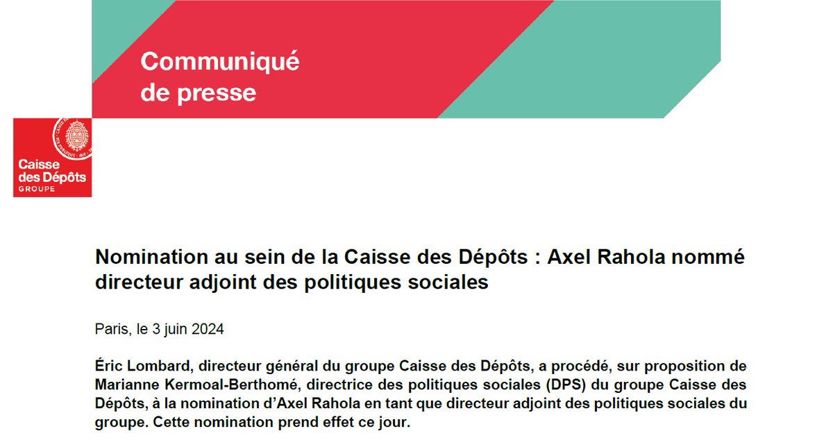 #Nomination Axel Rahola est nommé directeur adjoint des politiques sociales du groupe @caissedesdepots 
En savoir plus : urlz.fr/qSAC