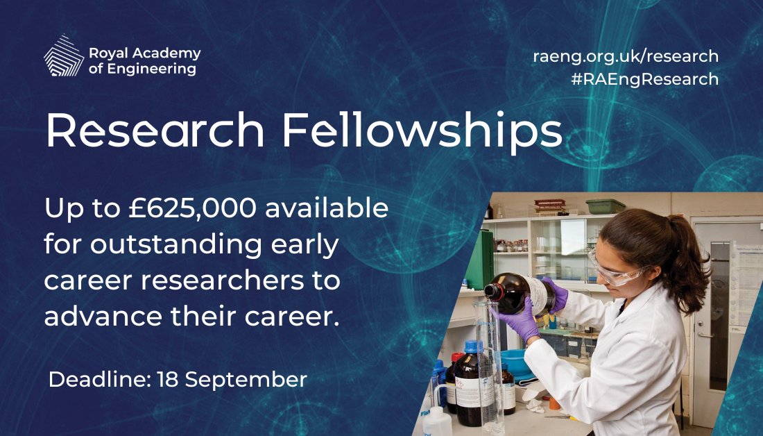 Our #RAEngResearch Fellowships is now open to early career researchers:
🔵 Gain up to £625,000 in funding 
🔵 Five years of support
🔵 Training opportunities
🔵 Mentoring support from an Academy Fellow 
Don't miss out and apply now: raeng.org.uk/research-fello…