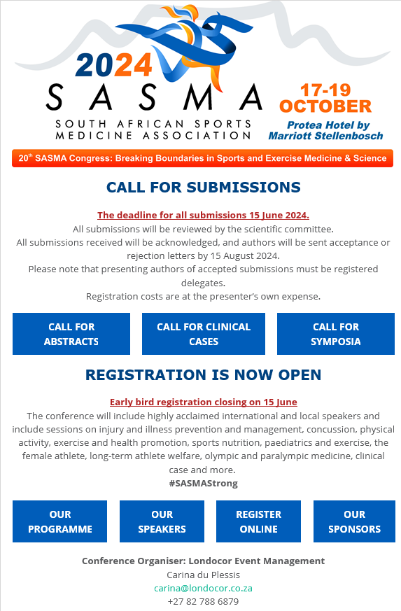 SASMA_ZA's tweet photo. Don't miss out! Register now for a conference boasting esteemed speakers and diverse sessions on injury prevention, sports medicine, nutrition, and athlete well-being. #SASMAStrong
Register Here: https://t.co/ZfYbr3vrFd https://t.co/5LUVszOYnN