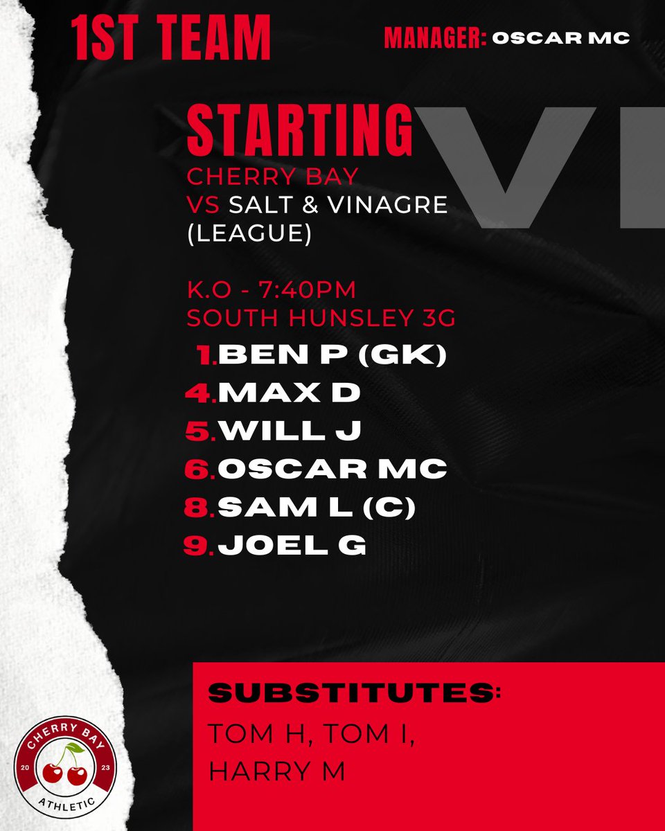 STARTING SIX🍒

New additions Sam L and Tom I make make there first appearances of the season, Harry M returns from injury, the Cherries are hoping to continue their fine form. 

#UTC