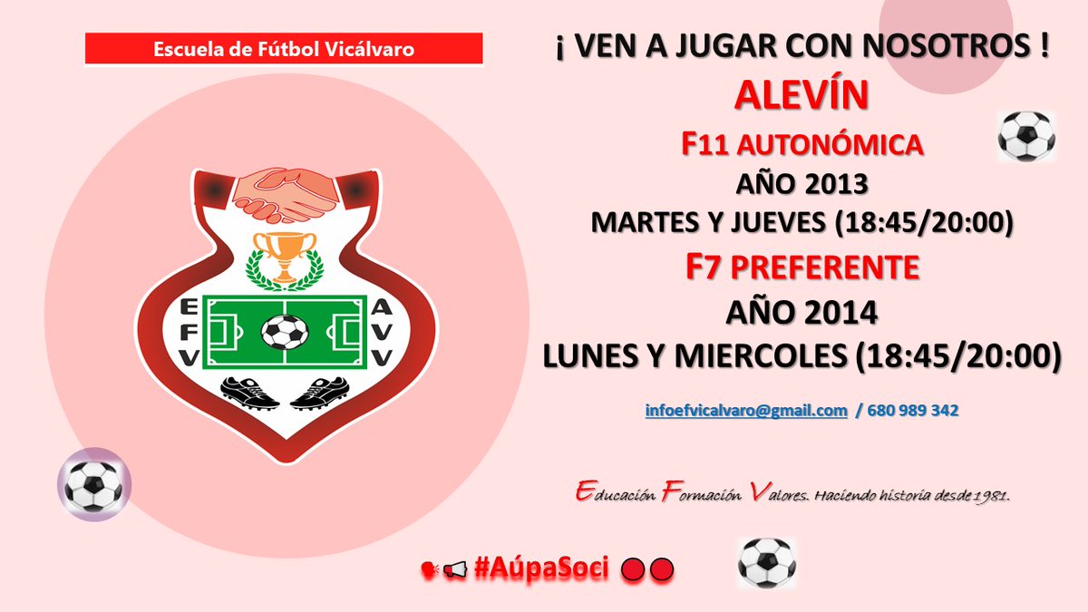 EscFutVicalvaro's tweet photo. El fútbol es tu deporte favorito, eres uno de los nuestros‼️ 💯

Te estamos esperando‼️ 🔝

Compañerismo, formación y competición garantizada.

Categorías: Debutantes, Prebenjamín, Benjamín, Alevín Masculino/Femenino, Infantil Masculino/Femenino, Cadete y Juvenil.

⚽️❤️⚽️ https://t.co/78VWlxc5EX