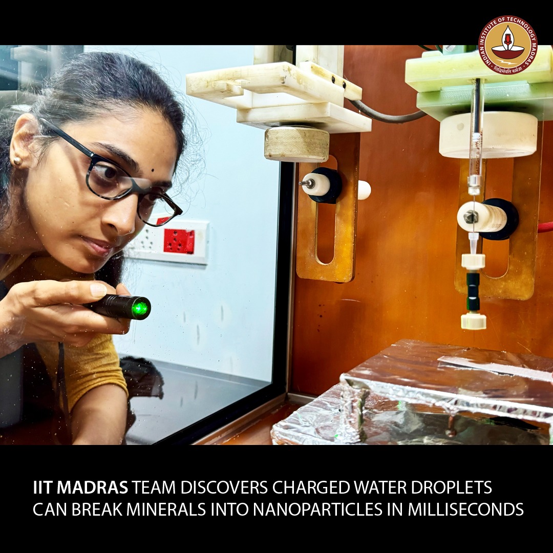 iitmadras's tweet photo. Researchers at @iitmadras discover that charged water droplets can break minerals into nanoparticles in milliseconds, revolutionizing soil formation &amp; nanotech. Check out the research paper in @ScienceMagazine
👇👇👇https://t.co/E5gGPHetNE 
 #Science #Innovation #Nanotechnology https://t.co/1uQHtKHf9z