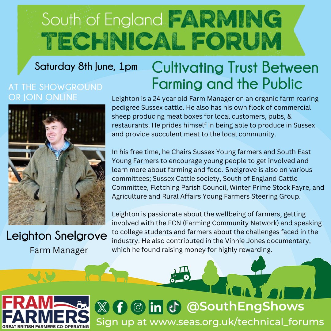 Farm Manager <a href="/Leighton_Snel/">Leighton Snelgrove</a> will be on the panel at our Technical Forum on 8th June, online &amp; in person at the South of England Show. Book at ow.ly/1Vni50S5UYZ
If attending in person you will need an entrance ticket to the South of England Show: ow.ly/NnLY50S5UYY