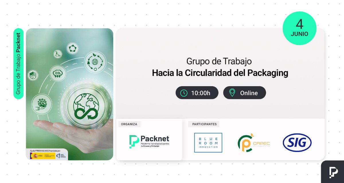 Packnet_'s tweet photo. 🔉Mañana se celebrará la próxima edición del Grupo de Trabajo Packnet 'Hacia la Circularidad del Packaging', con la participación de @blueroominn, #CAPEC y @SIGCombibloc
🗓️ 4 de junio 🕐 10:00h 📍Online
_
#GrupoTrabajoPacknet #circularidad https://t.co/162tl7C9IV