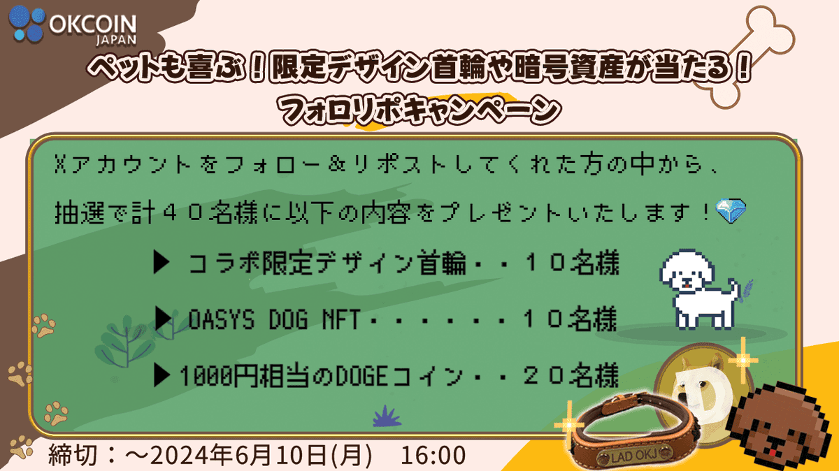 OKCoinJapan's tweet photo. ◤ LOOTaDOGコラボキャンペーン開催中◢
🐶 ペットも喜ぶ！限定デザイン首輪や暗号資産が当たる！フォロリポキャンペーン

✅応募方法
①@OKCoinJapan
@LOOTaDOG_JPNをフォロー
②こちらの投稿をリポスト 《引用RTで当選率🆙》
抽選で４０名様にプレゼント！！

プレゼント：
🎁 OASYS DOG NFT ×１０名
🎁 コラボ限定首輪×１０名  
🎁 1000円相当のDOGEコイン×２０名

📅締切：2024年6月10日 16:00
*コラボ限定首輪の発送は国内在住者に限ります。

詳細はこちら↓ 
https://t.co/gXNB5ezNEN
