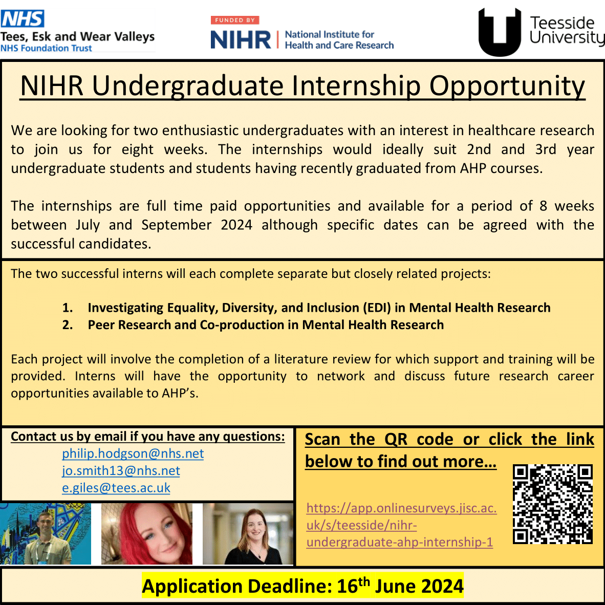 Exciting opportunity for two undergraduate internships <a href="/TEWV/">Tees, Esk & Wear Valleys NHS Foundation Trust</a> and <a href="/TeessideUni/">Teesside University</a> this summer!

Suitable for AHP students interested in mental health research. Please share and RT <a href="/Jo_AnneSmith/">Jo-Anne Smith</a> <a href="/Emma_LGiles/">Professor Emma L Giles</a> <a href="/TEWVresearch/">TEWV research</a> <a href="/PhysiosinMH/">Chartered Physiotherapists in Mental Health</a> 

Register interest:
app.onlinesurveys.jisc.ac.uk/s/teesside/nih…