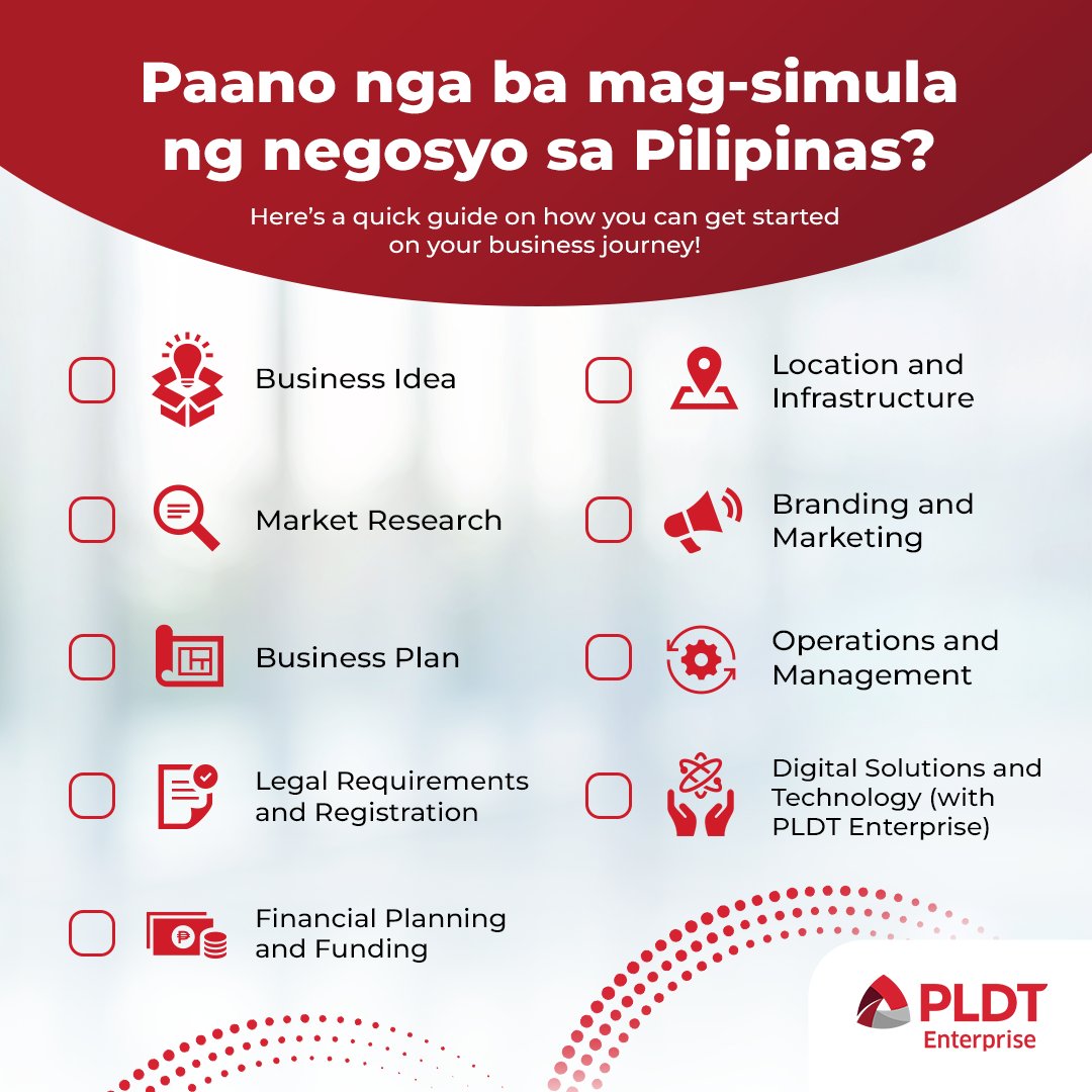 PLDTEnterprise's tweet image. Saan nga ba sisimulan ang pagnenegosyo ngayong 2024? 

Let us be the one to light the way for you with this small checklist on how to start your business para abot-kamay ang success! 🚀

Visit pldtenterprise.com for more.

#SMBiz
#MSMEs
#BusinessSolutions
#SmallBusinessTech