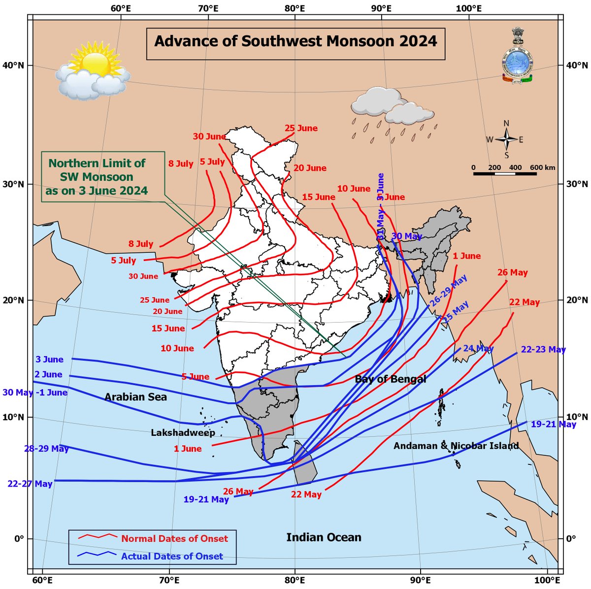 Southwest Monsoon advanced into some more parts of central Arabian Sea, some more parts of Karnataka, Rayalaseema, Coastal Andhra Pradesh, some parts of Telangana and some more parts of Westcentral and Northwest Bay of Bengal, today the 3rd June.