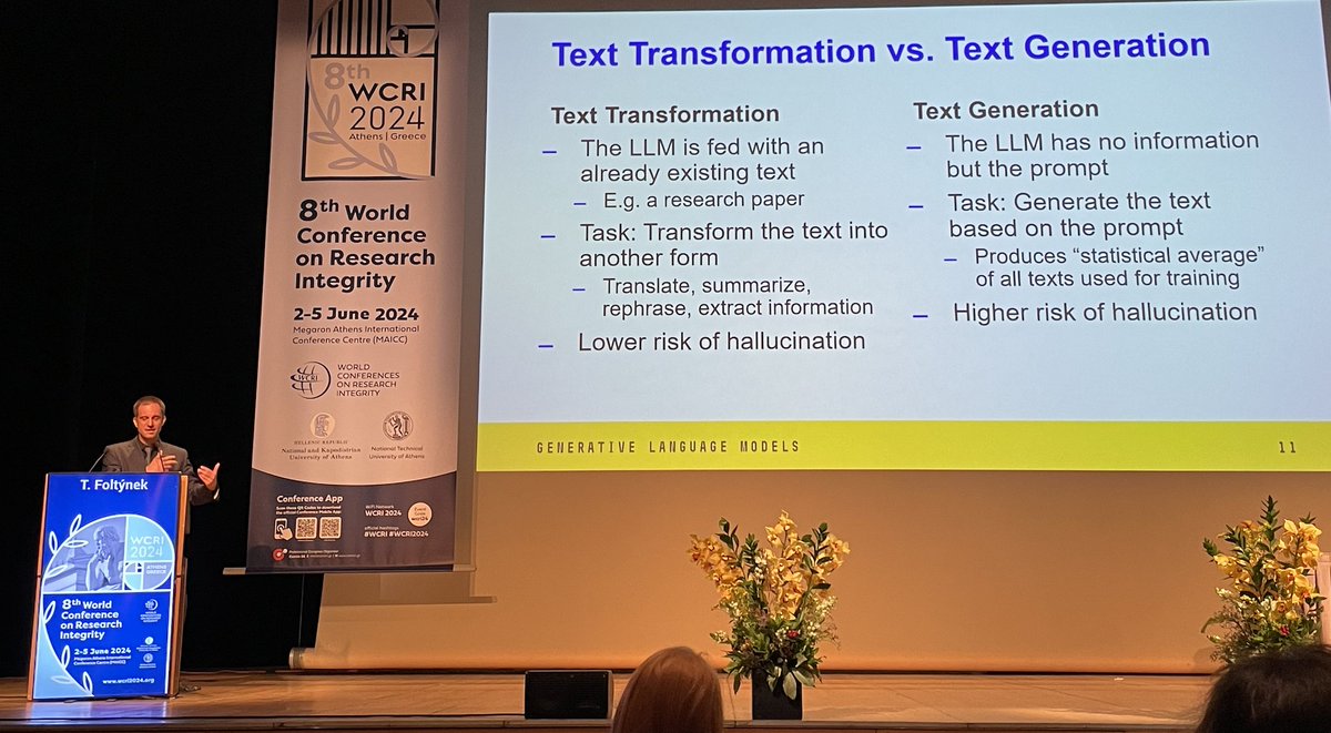 <a href="/DrSarahEaton/">Dr. Sarah Elaine Eaton🇨🇦</a> <a href="/SpringerNature/">Springer Nature</a> <a href="/TFoltynek/">Tomáš Foltýnek</a> TF: Text transformation (improve/summarize existing text) vs Text generation (generate new text, much higher chance of 'hallucinations', errors). 
At <a href="/ENAIntegrity/">ENAI</a>, we worry about this. GenAI exacerbates current threats for academic integirty 
#WCRI2024
academicintegrity.eu/wp/