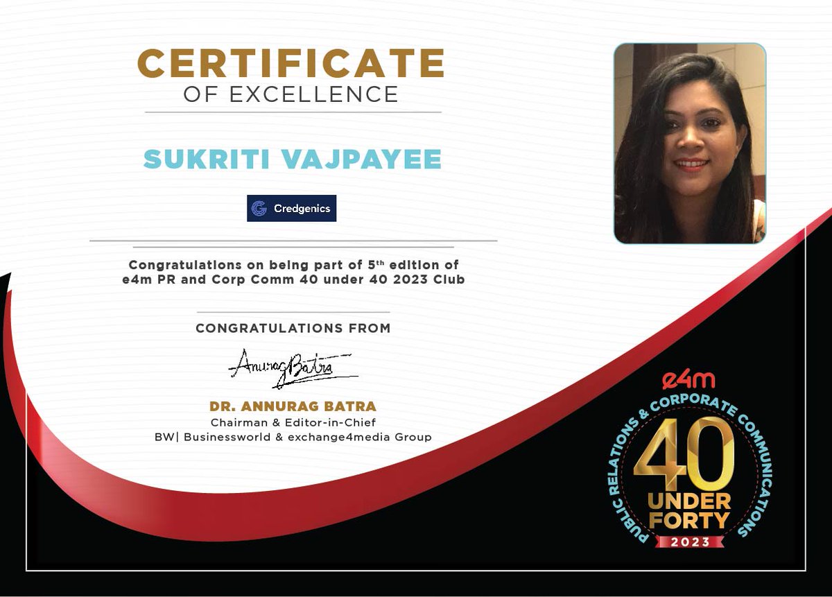 Our heartiest congratulations to <a href="/Sukritivajpayee/">CAPTAINDOGE</a> from <a href="/credgenics/">Credgenics</a> for winning the e4m PR and Corp Comm 40 Under 40 Awards 2023.

<a href="/anuragbatrayo/">Anurag Batra</a> | <a href="/nawalahuja/">Nawal Ahuja</a> | <a href="/karanbhatias/">Karan Bhatia</a>

#e4mpr40under40 #e4mevents #PRandCorpComm #e4mprawards
