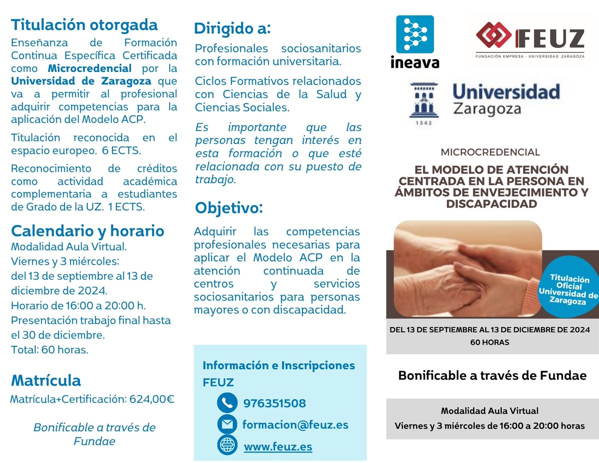 ‼️ No te lo pierdas... Nueva #formación de
<a href="/unizar/">Universidad Zaragoza</a>  fcienciassalud_unizar  <a href="/ineava/">INEAVA</a>

Más información➡️ acortar.link/S2J7ze 

#Microcredencial - Modelo de Atención Centrada en la Persona en Ámbitos de Envejecimiento y Discapacidad.