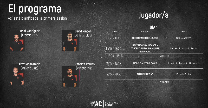 AC_FCenter's tweet photo. Hoy comenzamos una nueva formación en  @AC_FCenter ⚪️🔴

🔖 DESARROLLO INDIVIDUAL DEL FUTBOLISTA  
🖥️ Formato Online

🗣️ @rroblesfeijoo
🗣️ @davidrinconiz
🗣️@unai1i
🗣️ @AritzMR

🏟️ Todavía puedes unirte a las jornadas presenciales 

Este es el plan de hoy 👇