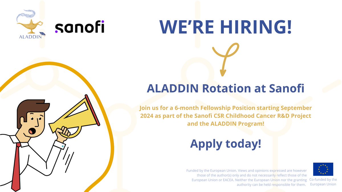 ALADDIN (@aladdin_edu) on Twitter photo 📢The call for applications for the ALADDIN Rotation at Sanofi is now open!
The 6-month fellowship with <a href="/sanofi/">Sanofi</a> is a great opportunity to understand clinical development and regulation processes within industrial norms.
Find out more and apply today: sanofi.wd3.myworkdayjobs.com/fr-FR/SanofiCa… 📢The call for applications for the ALADDIN Rotation at Sanofi is now open!
The 6-month fellowship with <a href="/sanofi/">Sanofi</a> is a great opportunity to understand clinical development and regulation processes within industrial norms.
Find out more and apply today: sanofi.wd3.myworkdayjobs.com/fr-FR/SanofiCa…