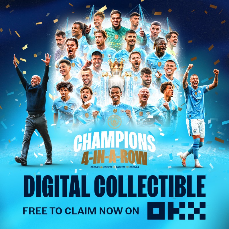 ManCity's tweet photo. FREE digital collectible, celebrating our fourth consecutive @premierleague title 🏆🏆🏆🏆

Limited 72-hour claiming period, starting NOW! ⏳

Claim on @okx 👇