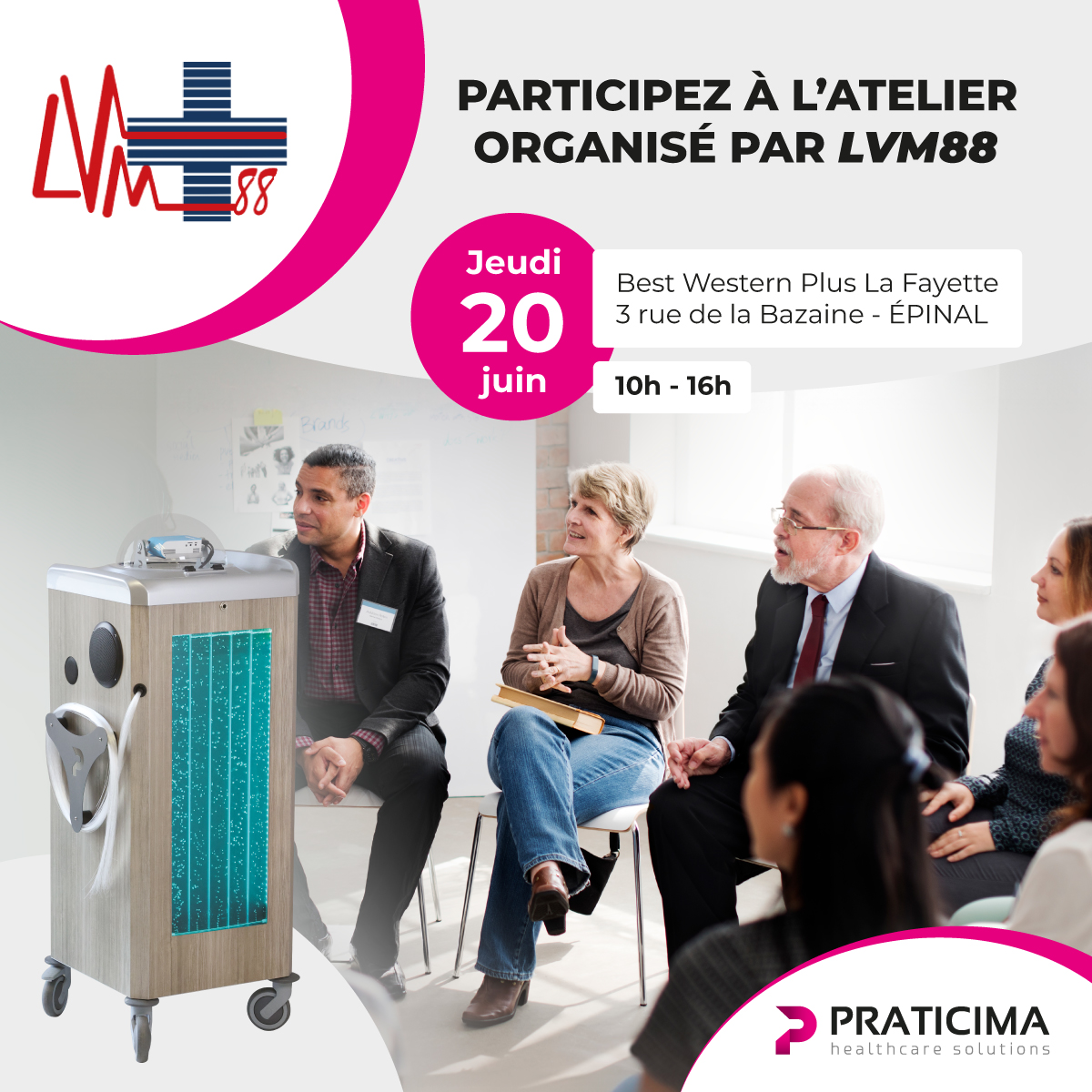 praticima's tweet photo. Le 20 juin, Praticima participera à un workshop organisé par LVM 88, au Best Western La Fayette, à ÉPINAL.
Seront présentés :
🍃Chariot multisensoriel Satellite
🚦  Chariot motorisé Neop
😁 Système de nettoyage pour prothèses dentaires C2S PRO
💊 Écrase-comprimés Tookan et Severo https://t.co/KlXfVDJubo