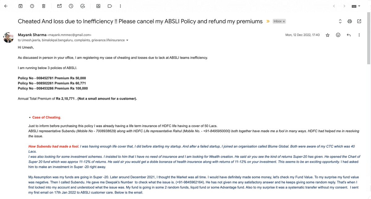 mayankmmmec07's tweet photo. @AdityaBirlaGrp @abcapital @abclifeinsure @abslmf - You guys are real cheat and Fraud !!!!. @KamleshDRao I will not stop till the time I get my 4 lakh back. I will not spare.
cc: @irdaindia @SEBI_India @RBI @nsitharaman @FinMinIndia @BJP4India @jagograhakjago @consumerforum_ https://t.co/uIVBrtOcKJ