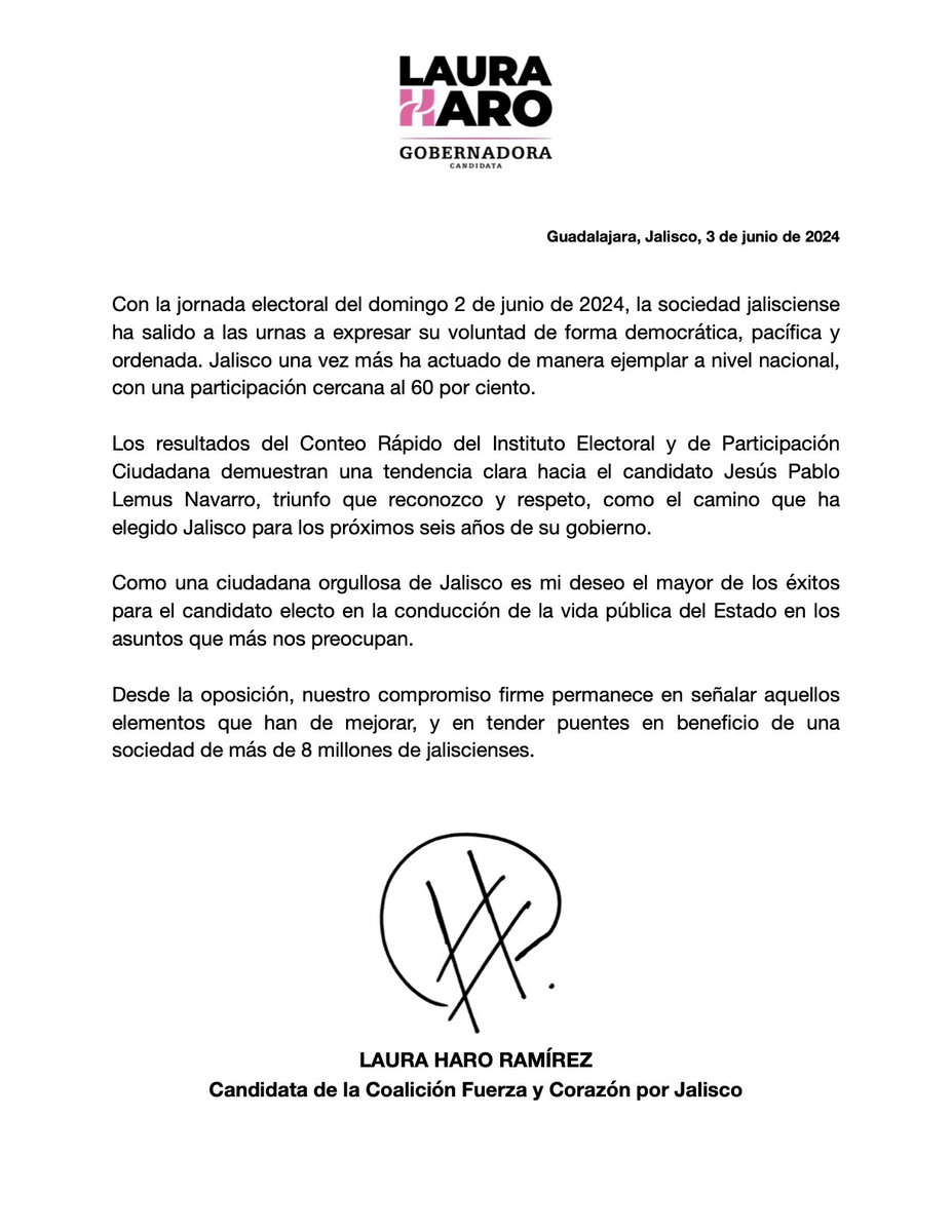 LauHaro's tweet photo. Los resultados del Conteo Rápido del @iepcjalisco demuestran una tendencia clara hacia el candidato @PabloLemusN, triunfo que reconozco y respeto, como el camino que ha elegido Jalisco para los próximos 6 años de su gobierno. https://t.co/SxhNln8TqJ