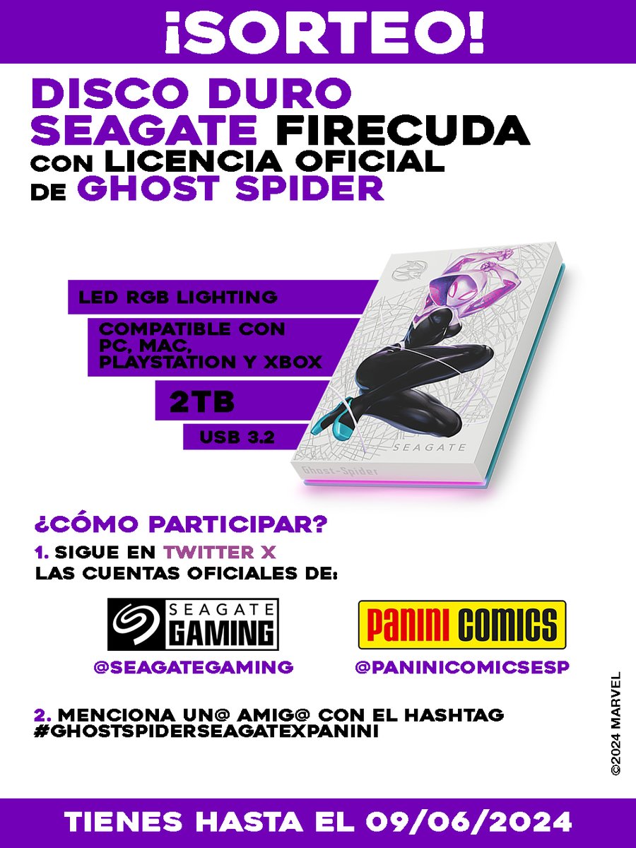 PaniniComicsEsp's tweet photo. 📢 Sorteamos un Disco Duro Seagate Firecuda con licencia oficial Ghost Spider con @seagategaming 
1. Seguir nuestras cuentas oficiales.  
2. Mencionar a un@ amig@ en los comentarios de este tweet con el hashtag #GhostSpiderSeagatexPanini
Hasta 9/6. Territorio nacional. España. https://t.co/DynPv0lq7z