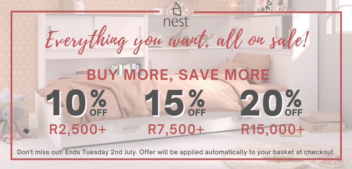 Everything you want, all on sale!🤩👏 
Buy more, save more:
10% off R2,500+
15% off R7,500+
20% off R15,000+
Don't miss out! Offer ends on Tuesday the 2nd of July. Offer will be applied automatically to your basket at checkout.
Shop now: nestdesigns.co.za