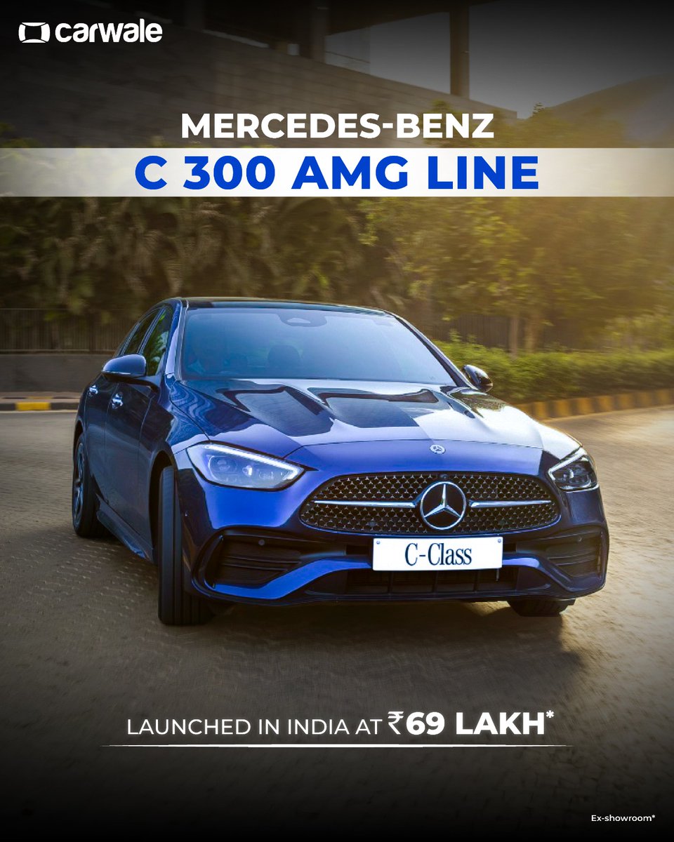 CarWale's tweet image. The #MercedesBenz C 300d has been replaced by the new #C300AMG Line.
-Priced at Rs. 69 lakh*
-New 'Sodalite Blue' exterior hue
-2.0-litre petrol engine
-Produces 255bhp
-0-100kmph in 6 seconds
-360-degree camera
-Ventilated front seats
-100-watt fast-charging USB ports

#cwlaunch