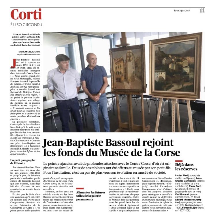 [La presse en parle…]🗞️
🔹Acquisition🔸
#NosCollections

👉 Deux tableaux du peintre Jean-Baptise Bassoul viennent enrichir les collections du #museudiacorsica.
 
<a href="/IsulaCorsica/">Cullettività di Corsica - Collectivité de Corse</a> <a href="/PatrimoniuIsula/">Patrimoine Corse</a> <a href="/Corse_Matin/">Corse-Matin</a>