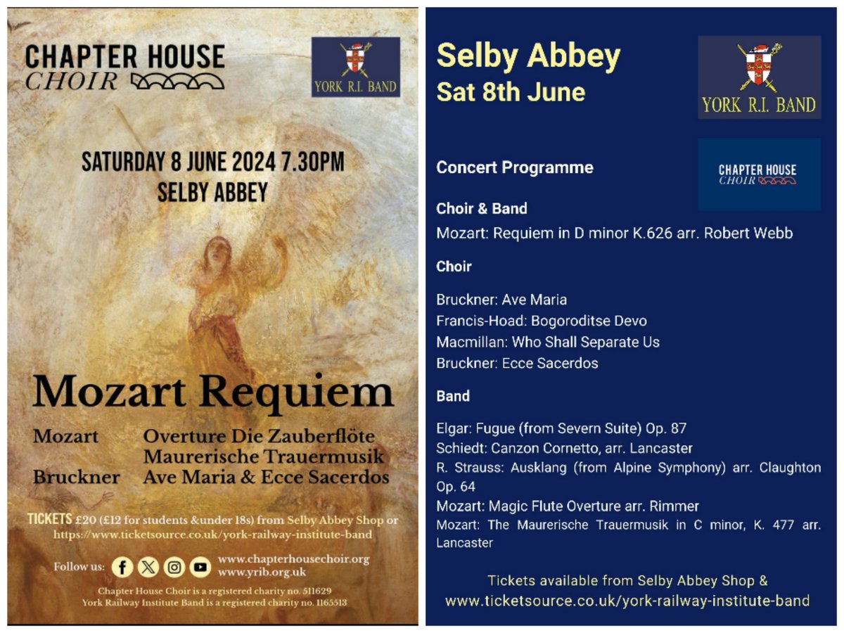 York R I Band (@yorkriband) on Twitter photo York Railway Institute Band's much anticipated concert with the renowned <a href="/chaphousechoir/">Chapter House Choir</a>
is fast approaching and tickets are selling fast!
ššš
ticketsource.co.uk/york-railway-iā¦
Selby Abbey Shop
Also available on the door with card or cash payment accepted. York Railway Institute Band's much anticipated concert with the renowned <a href="/chaphousechoir/">Chapter House Choir</a>
is fast approaching and tickets are selling fast!
ššš
ticketsource.co.uk/york-railway-iā¦
Selby Abbey Shop
Also available on the door with card or cash payment accepted.