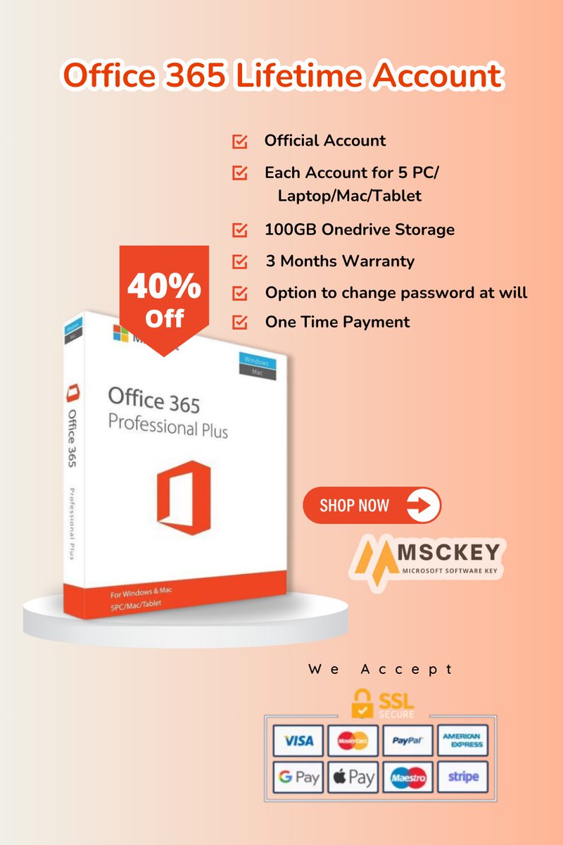 🤑 Office 365 lifetime account for ONLY $23.60 at Msckey's Super Software Sale!  Use coupon code SOFT40!

- Official account &amp; password 
- Use on 5 devices 
- 100GB OneDrive 
- 3-month warranty  
- One-time payment

msckey.com/product/micros…

#office365 #microsoft365