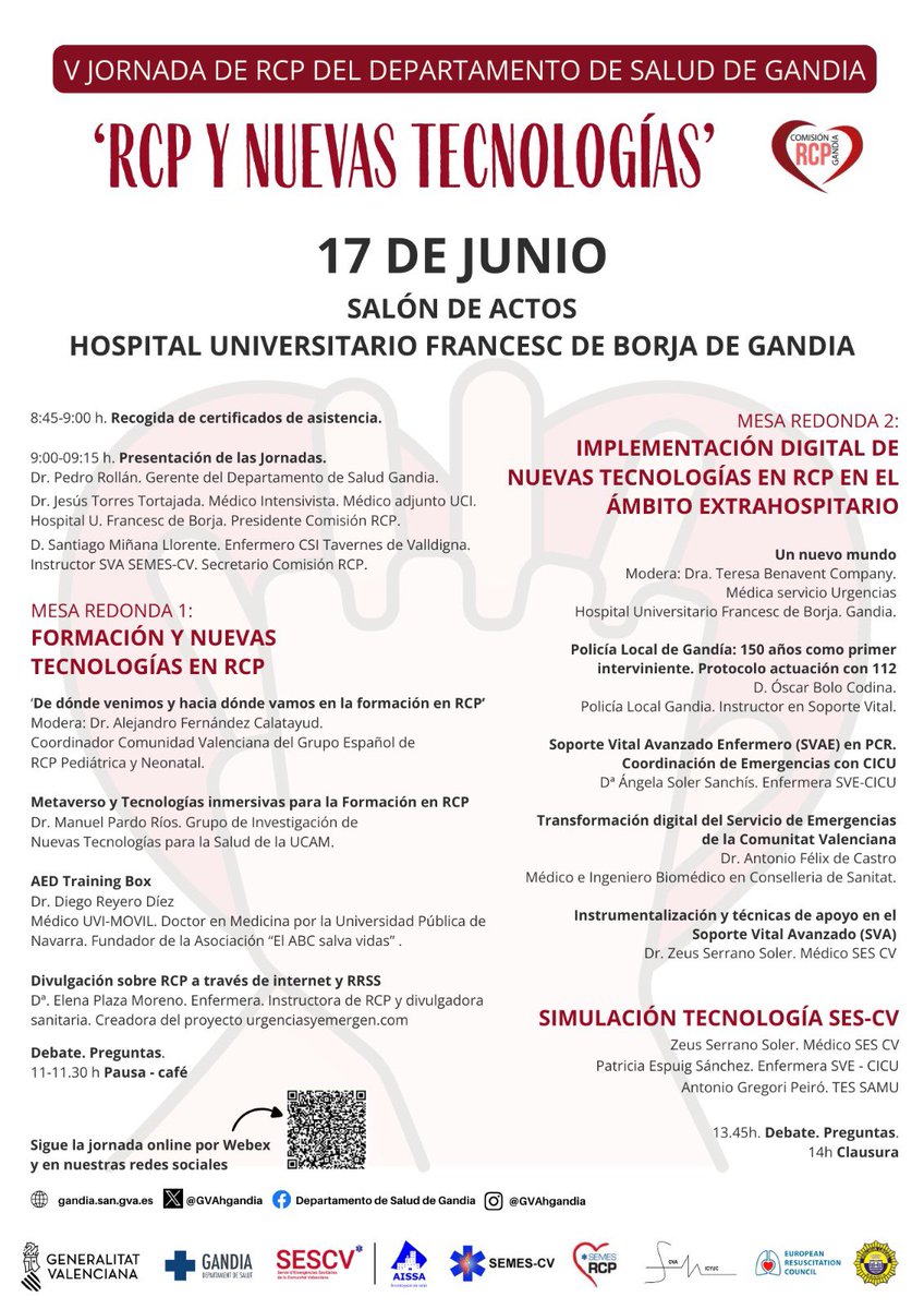 GVAhgandia's tweet photo. ✍🏻 Tanquem inscripcions presencials per a la V Jornada de #RCP del Departament de Salut de #Gandia el 17 de juny. Gràcies per la gran acollida!!

👩🏻‍💻 👨🏼‍💻 Podeu seguir la jornada online per Webex, amb aquest enllaç QR que s’activarà eixe mateix dia. https://t.co/69CfAPWQfW