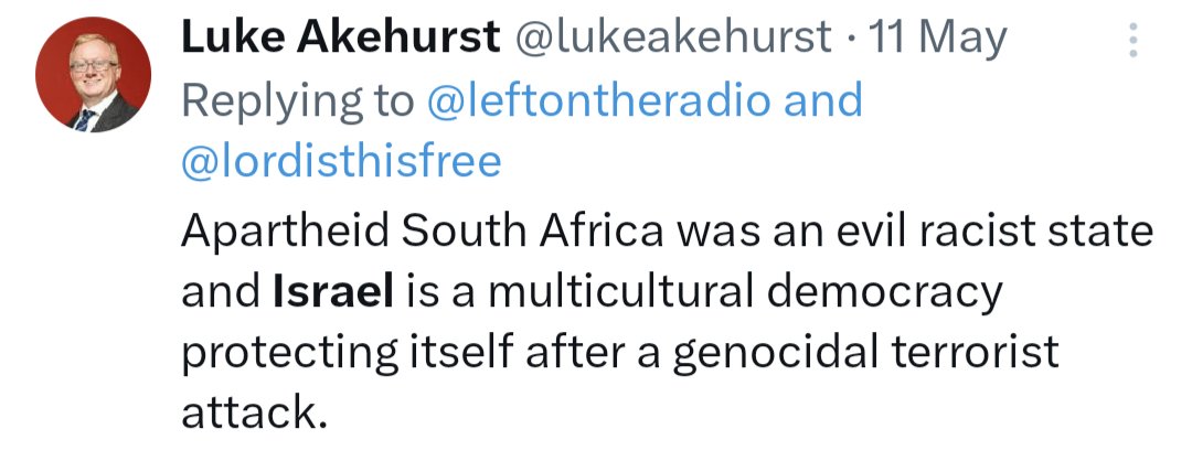Labour's parliamentary candidate for North Durham, Luke Akehurst, wrote this just a few weeks ago. A vote for Labour is a vote for genocide.