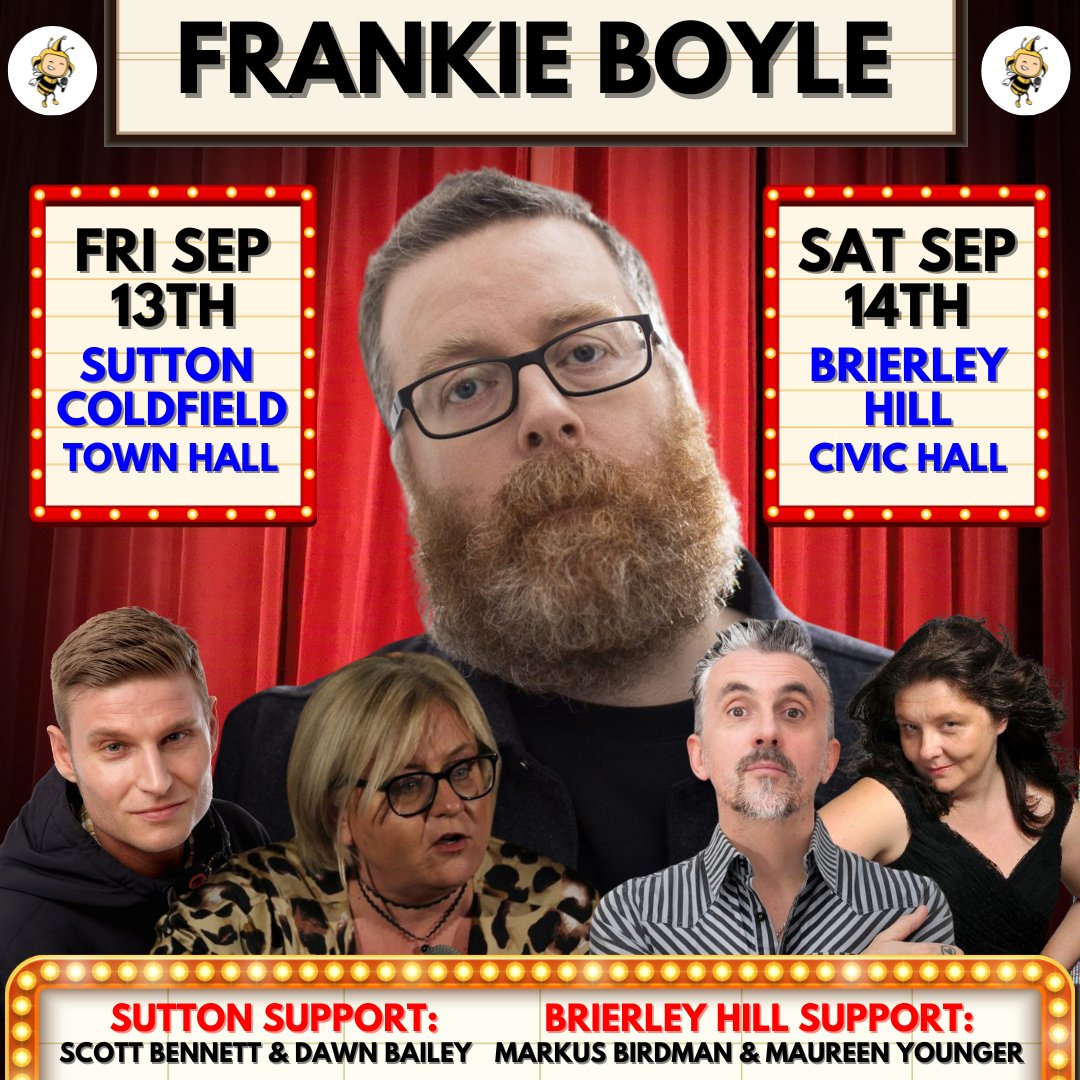 💥 HUGE ANNOUNCEMENT - ON SALE NOW!
👀 <a href="/frankieboyle/">Frankie Boyle Updates</a> to make Funny Beeseness debut!
🎟 Book at funnybeeseness.co.uk

Top support at <a href="/suttontownhall/">suttontownhall</a> from <a href="/scottbcomedyuk/">Scott Bennett - on tour 2025!</a> &amp; Dawn Bailey, and at <a href="/BHillCivic/">Brierley Hill Civic</a>  from <a href="/markusbirdman/">Markus Birdman</a> &amp; <a href="/maureenyounger/">Maureen Younger ❤️❤️❤️ Defend the NHS</a> 

<a href="/WaynoBeese/">Wayne Beese</a> hosts - get in quick!