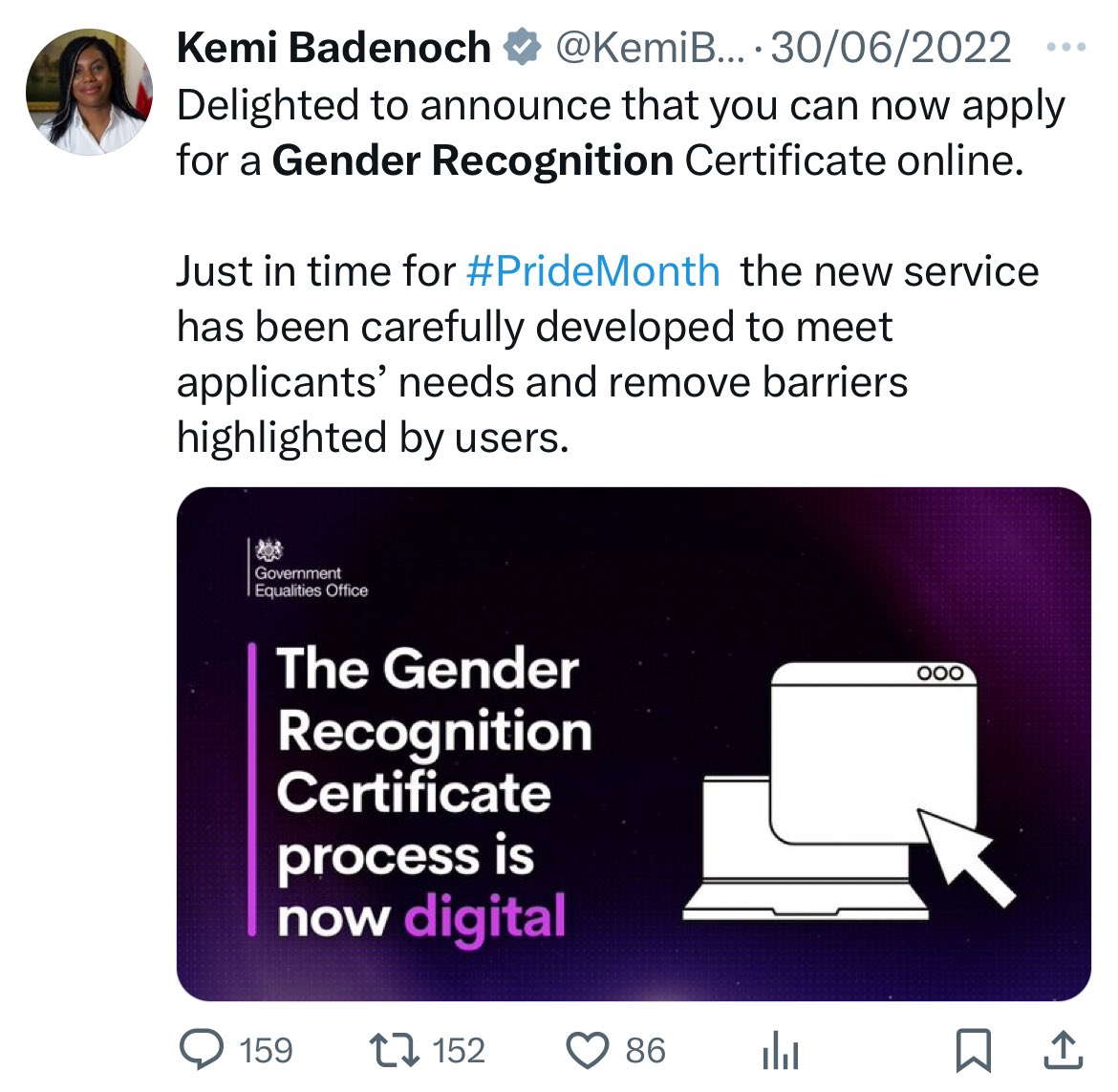 If you want to understand just how manufactured the transgender culture war is, less than 2 years ago Kemi Badenoch was celebrating the fact that it was becoming easier to apply for a Gender Recognition Certificate