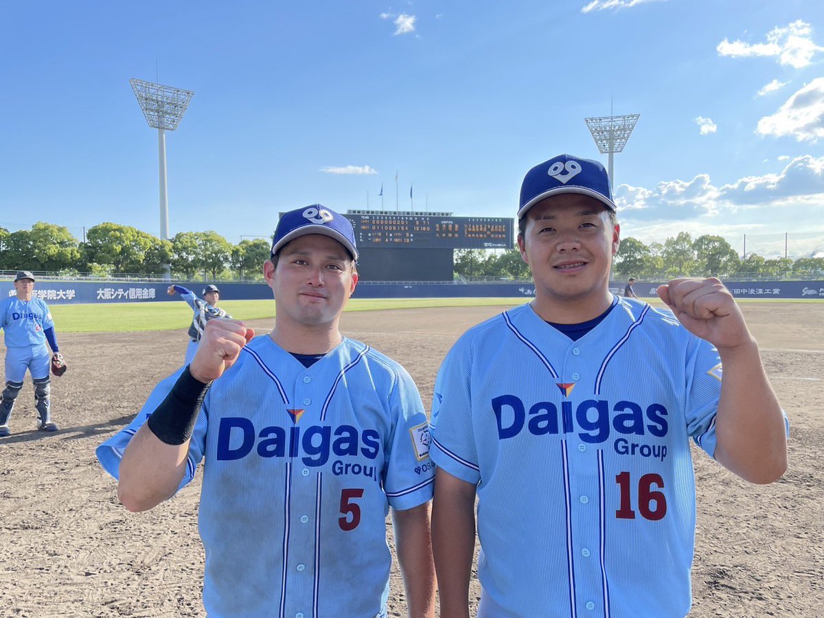 DaigasSports's tweet photo. 【都市対抗予選】
6/3（月）　対　ニチダイ戦

山川同点タイムリー！
吉澤勝ち越しタイムリー！
花本3試合連続ホームラン！
先発の本間好投！
宮本好リリーフ！
13-5で勝利しました
応援ありがとうございました

次回試合予定
6/5（水）10:00 VS 日本新薬
わかさスタジアム京都 https://t.co/rzUt0lstfq