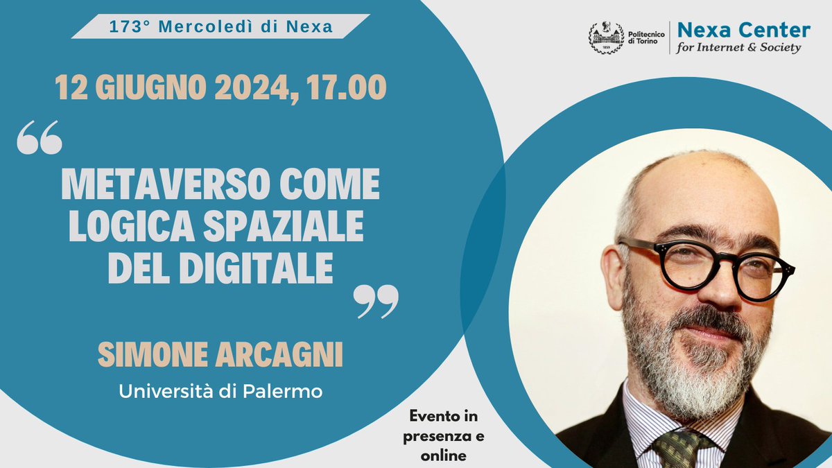 nexacenter's tweet photo. 🗓 Mercoledì 12 giugno, ore 17.00
173° #nexawednesday “Metaverso come logica spaziale del digitale”
➡️ Con @simone_arcagni (@unipa_it)
🔎 Scopri di più: https://t.co/CJnTt2EsL1
#metaverso #digitale #phygital #spacialcomputing #XR #tecnologia https://t.co/kRZo2apFDo