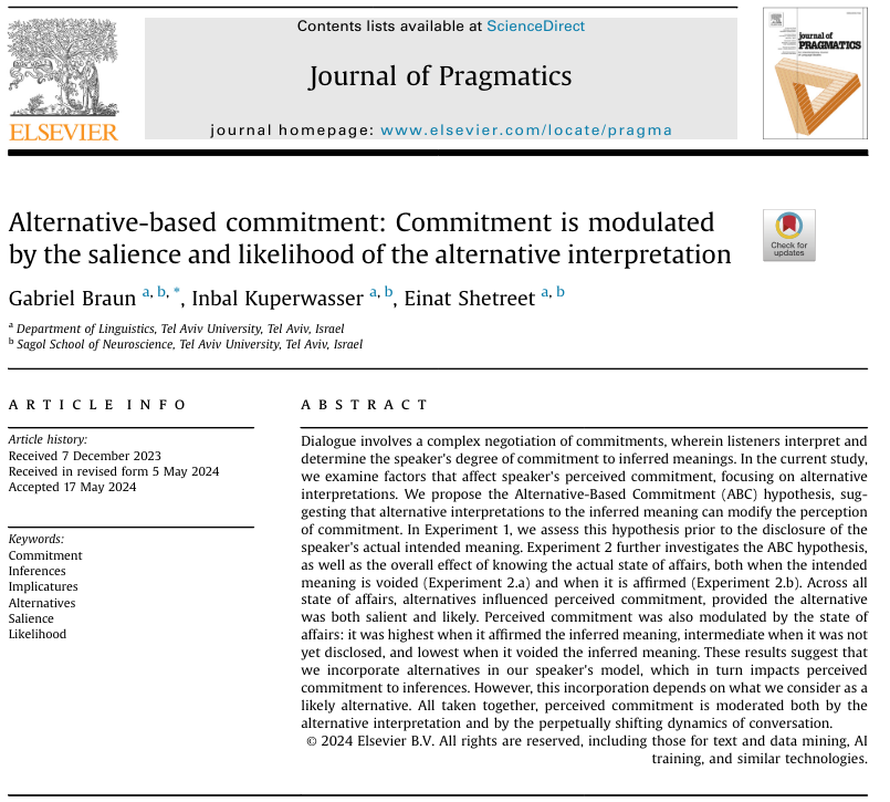 1/ Excited to share our recently published research paper on perceived speaker commitment! 
We examined whether alternative interpretations modulate perceived commitment levels in everyday communicative exchanges, focusing on salience and likelihood. 
authors.elsevier.com/a/1jC6s1L-nhXO…