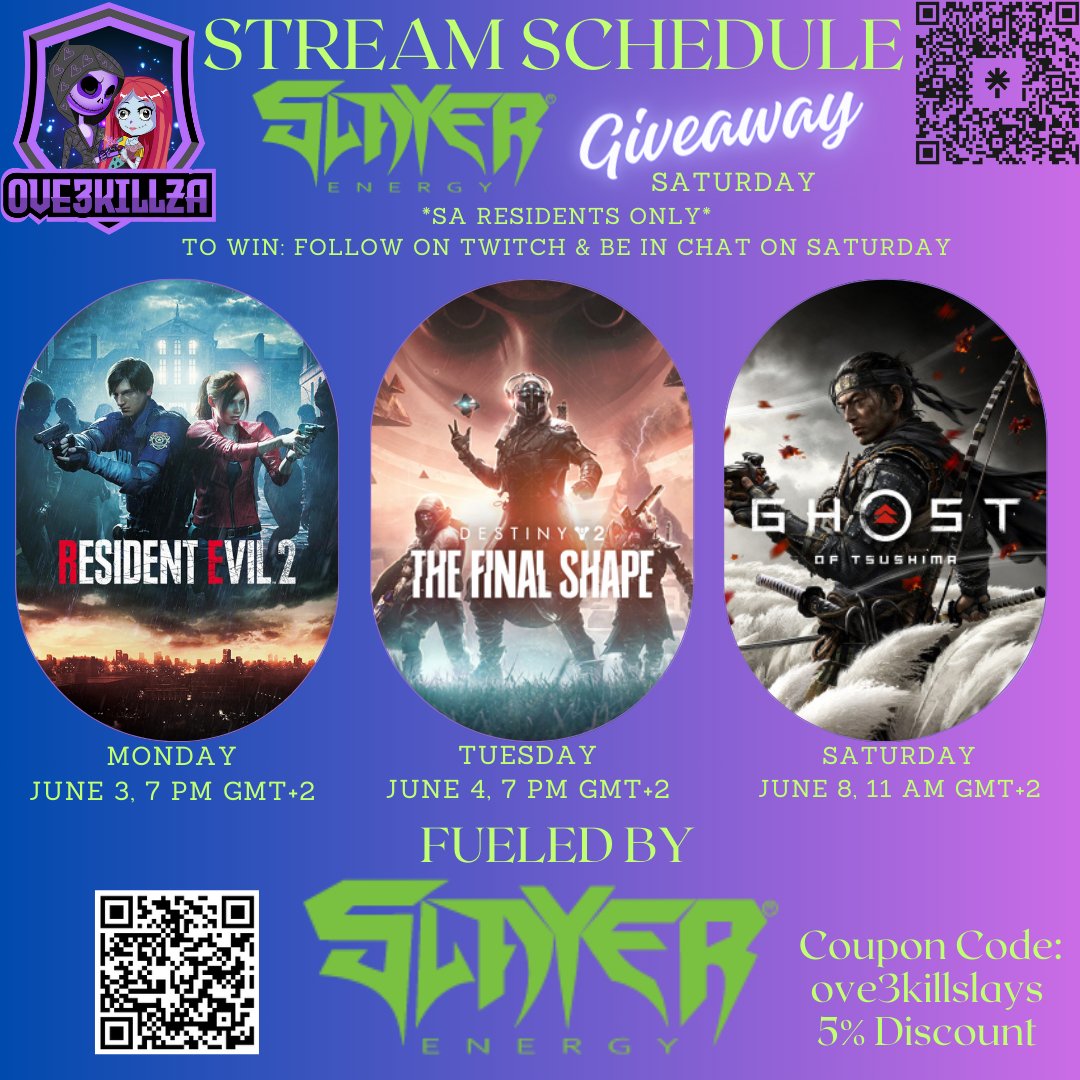 ove3killgaming's tweet photo. A new week and a new #schedual. Thanks to the awsem people at @Slayerdrink we are doing a giveaway on Saturday so be sure to pop in and stand a chance to win a box of slayer. #sastreamer #twitchtv #smallstreamer https://t.co/Yyhkco5BFm