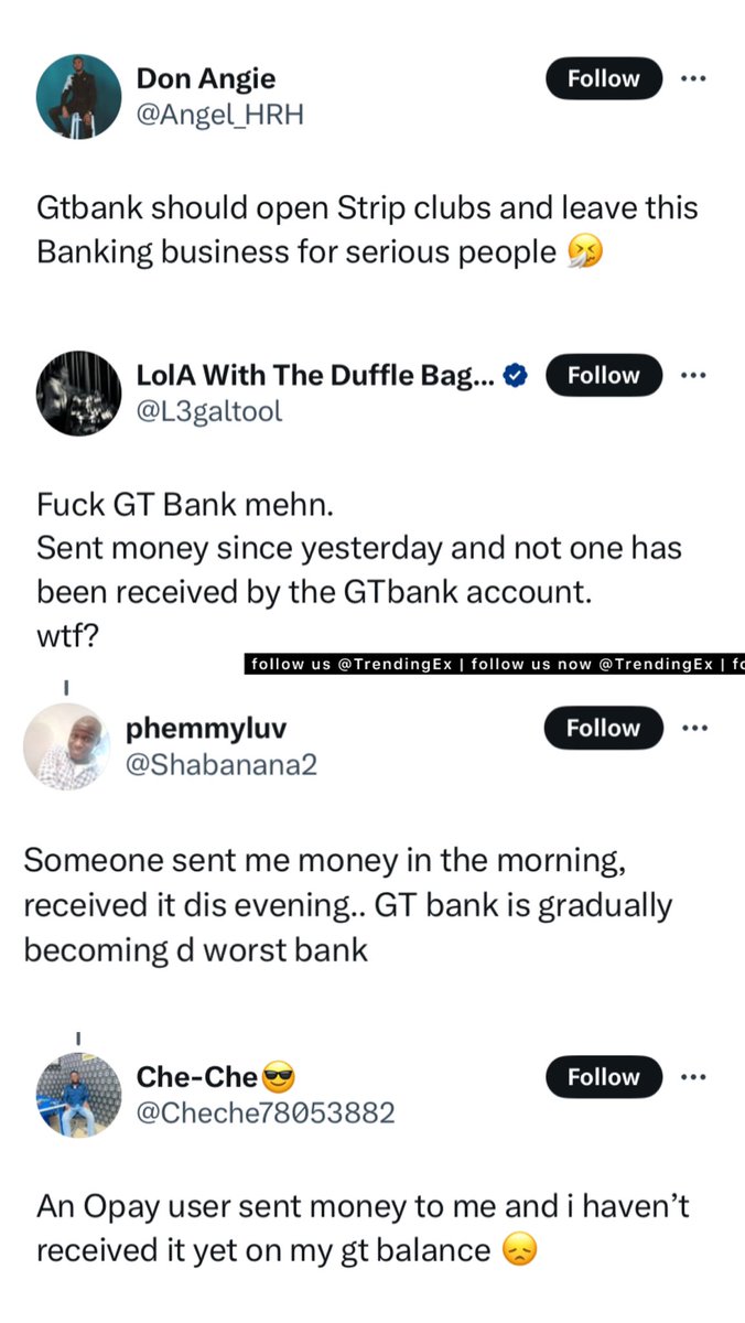 TrendingEx's tweet photo. GTbank is trending because users are complaining because they have been unable to complete transactions since yesterday. This apparently happens mostly on Sunday.

But, GTBank technical team are on top of the situation and it will be restored shortly. If it is not restored shortly, re read this paragraph.