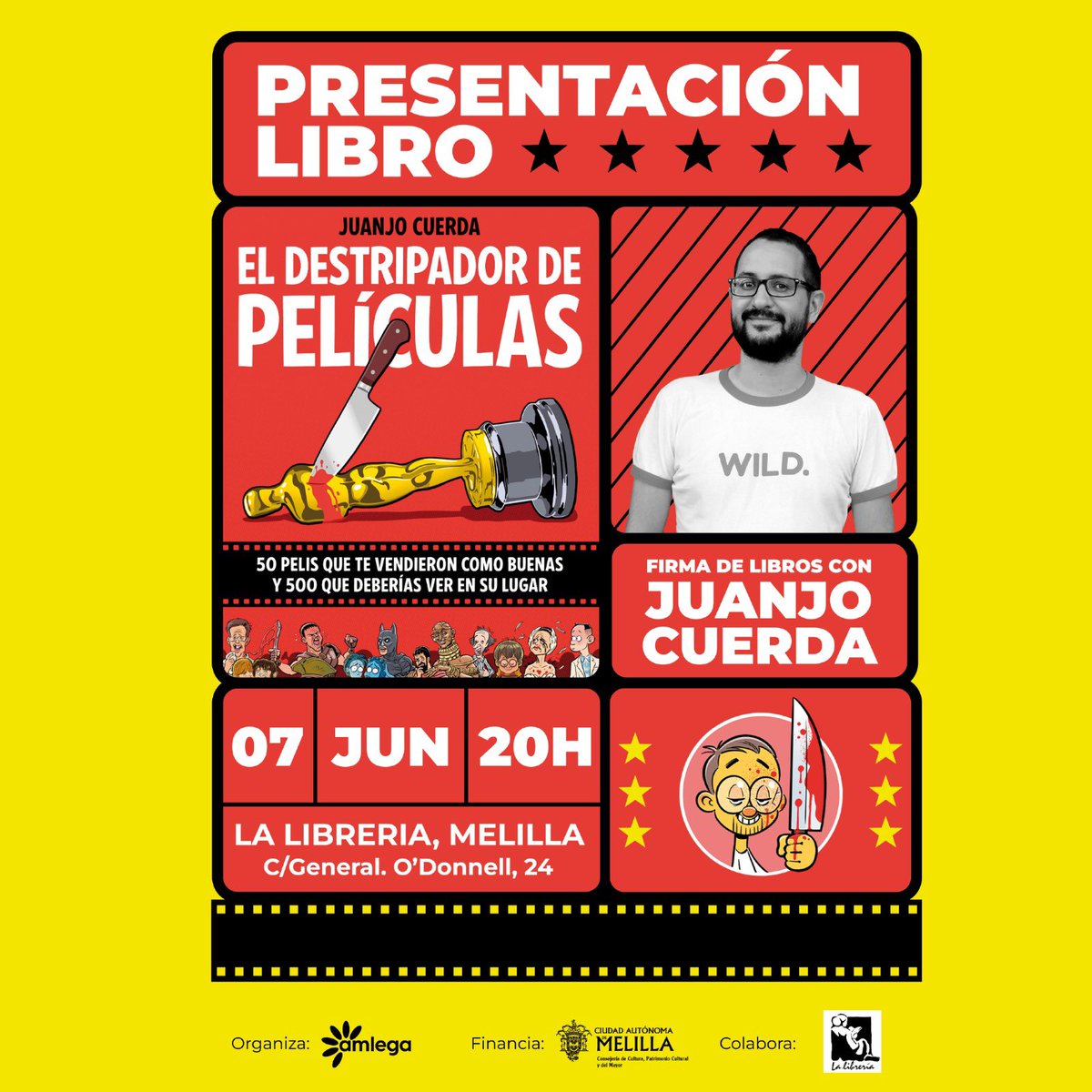 Si sois fans de <a href="/eljueves/">El Jueves</a> tenemos una cita este viernes 7 de junio a partir de las 20:00 en <a href="/La_Libreria_ML/">La Librería Melilla</a> para la presentación del libro de <a href="/JJCuerda/">Juanjo Cuerda</a> El Destripador de Películas 🍿 🎬

¡No os lo perdáis!