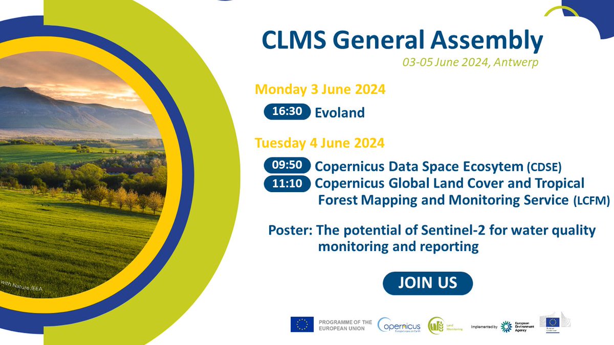 📣 Are you attending the #CLMSGA2024 today in #Antwerp? Meet our experts to learn more about 👇

🌍 #Evoland today at 16:30
🌍 #Copernicus Data Space Ecosystem 4/6 at 9:50
🌍 #LCFM 4/6 at 11:10
🌍 #Sentinel2 for #waterquality poster 4/6

Or follow online: lnkd.in/e46dgSwp