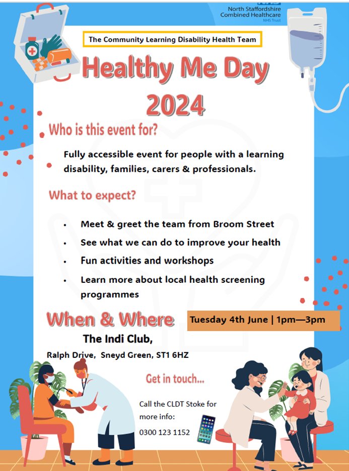 Health Facilitation LD (@ldhfstoke) on Twitter photo Tomorrow we will be hosting our Learning Disability 'Healthy Me 2024' event at <a href="/Project_Indi/">Project Indi</a>. Come along to learn more about how to improve your health & wellbeing, meet the staff from Broom Street Community Team as well as other local screening teams! We're excited! Tomorrow we will be hosting our Learning Disability 'Healthy Me 2024' event at <a href="/Project_Indi/">Project Indi</a>. Come along to learn more about how to improve your health & wellbeing, meet the staff from Broom Street Community Team as well as other local screening teams! We're excited!