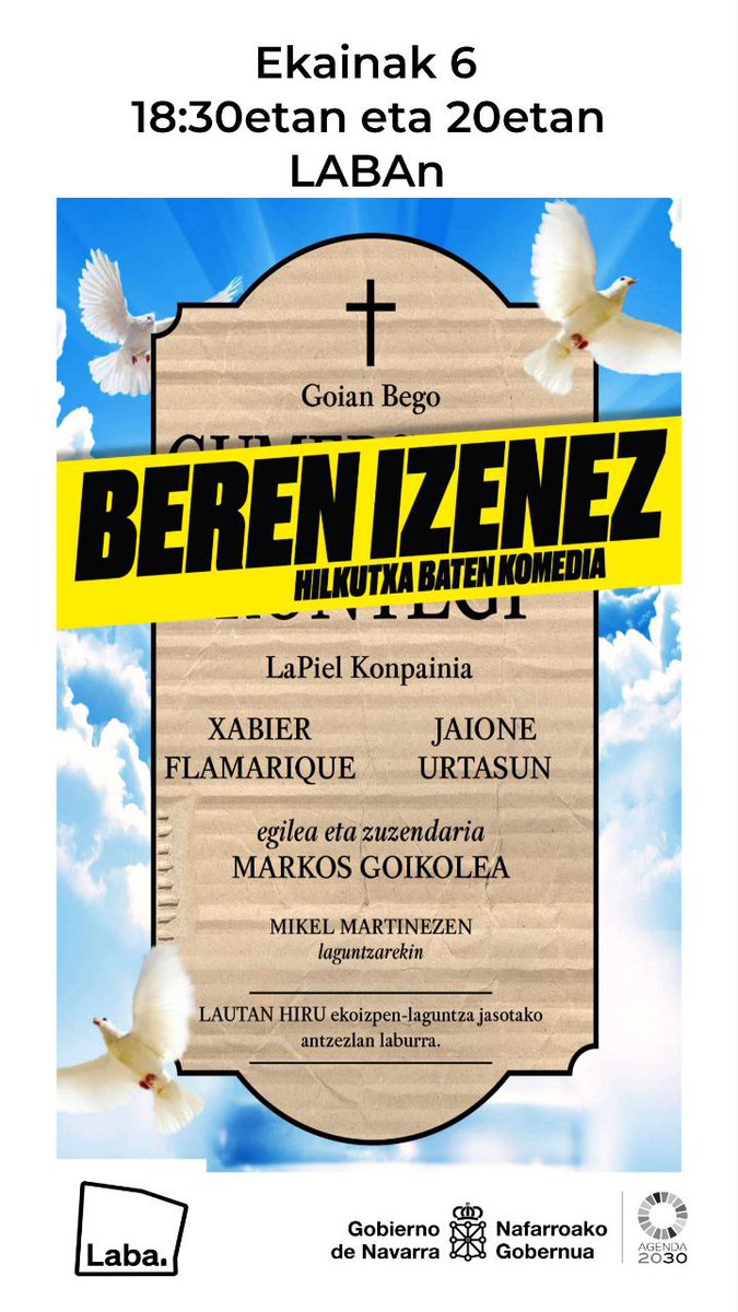 labasarea's tweet photo. 🪦 Beren izenez. Hilkutxa baten komedia

#LaPiel konpainia

🎭 Xabier Flamarique eta Jaione Urtasun

🎟️ Sarrera 5 euro. Momentuan ordainduko da.

🟠Ostegunean, 18:30ean, Laban https://t.co/xmDDUyXe5T