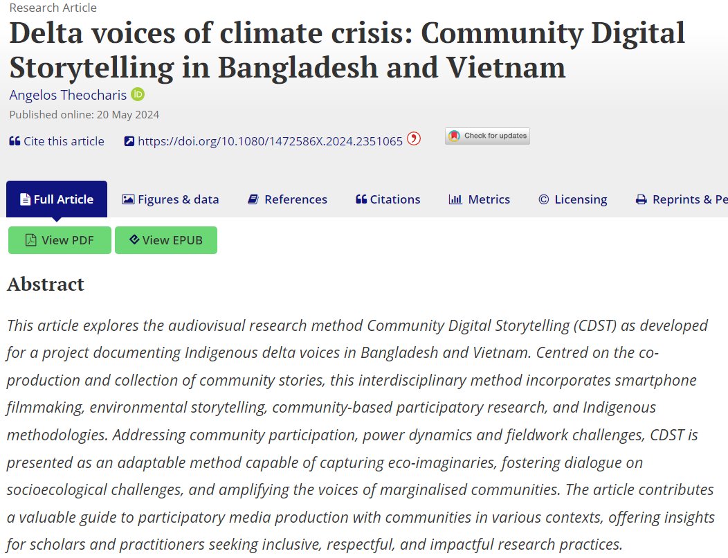 📣New Publication Alert!
My article "Delta Voices of Climate Crisis: Community Digital Storytelling in Bangladesh and Vietnam" has been published in <a href="/_VisualStudies_/">Visual Studies</a>  and it's #OpenAccess!
Link: doi.org/10.1080/147258…